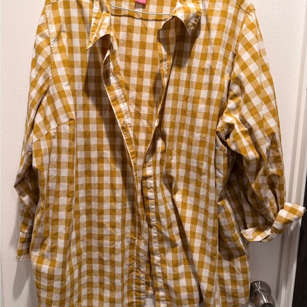 Woman Within 3X Mustard Gingham Buffalo Check Button Down Shirt Plus Size